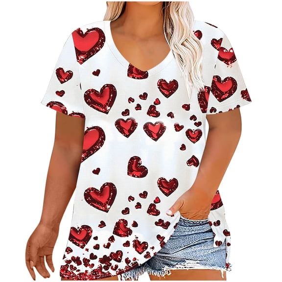 2026 Valentines Day Gifts for Her Women's Soft Plus-Size V-Neck Short Sleeve Valentines Heart Printed T-shirt Leisure Outfits Comfy Love Tees Casual Daily Clothing Tops