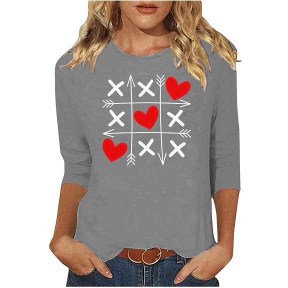 2026 Valentines Day Shirts for Women Funny Love Heart Print Tunic Tops Casual 3/4 Sleeve Crew Neck Blouses Comfy Tee