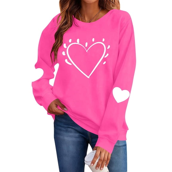 2026 Valentines Outfits Womens Trendy Heart Printed Round Neck Hoodless Sweatshirt Long Sleeve Comfy Pullover Tees Cute Party Anniversary Gifts Romance Love Clothing