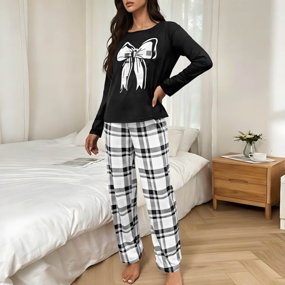 2026 Valentines Pajamas for Women Set. Bow Print Crewneck Long Sleeve Shirts & Plaid Pants, Comfy Sleepwear Casual Lightweight Loungewear Wife'sPajamas Matching Sets Lover Gift