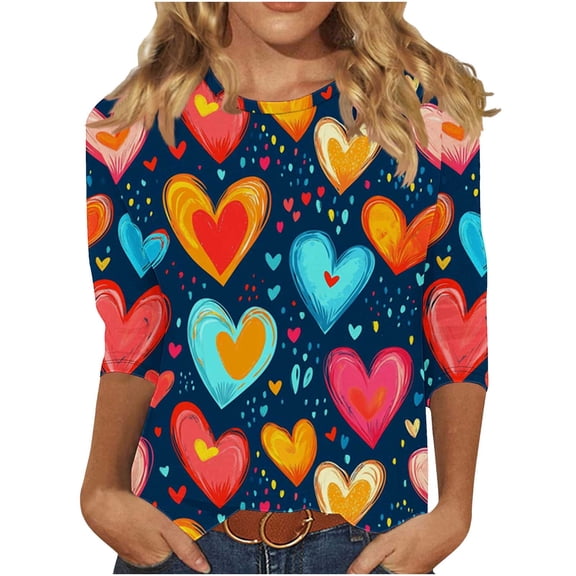 2026 Valentines Tops Ladies' Casual Round Neck 3/4 Sleeve T-shirt Loose Top Cute Heart Printed Outfits Romance Date Clothing Soft Comfy Shirts
