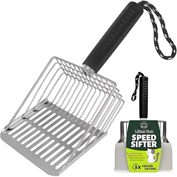 [2026 Version]Efficient Metal Cat Litter Scoop- Stainless Steel Cat Litter Scooper with Holder, Heavy Duty Litter Sifter, Pooper Scooper Kitty Litter Box Scooper-Cat Scooper for Litter Box Cleaning