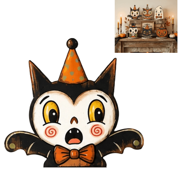 2026 Vintage Halloween Decor Indoor, Retro Wooden Block for Shelf Decor, Cute Ghost, Pumpkin, Black Cat, Skeleton, Witch Owl, Housewarming Gift (A)