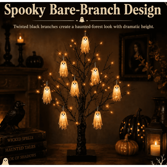 2026 Vintage LED Halloween Ghost Tree, Spooky Bare Branch Sculpture Tree Light, Hanging Ghost Decor for Dining Table & Kitchen Island Display