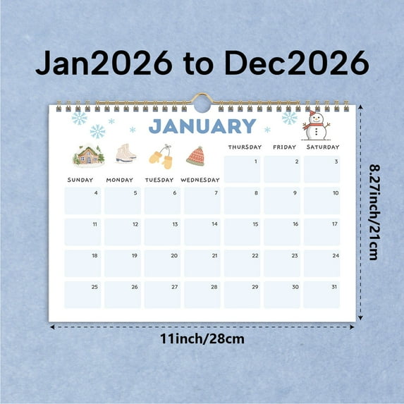 2026 Wall Calendar 12 Month Large 11x8.27 Inch Flay Flat Weekly Monthly Planner with Seasonal Illustrations, Thick Paper & Sturdy Binding for Desk Office School Home Planning and Organization