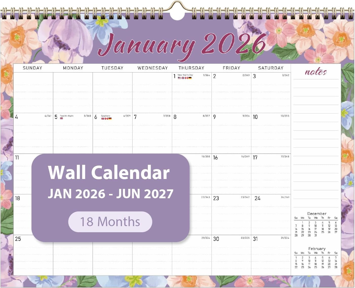 2026 Wall Calendar, 18 Monthly Wall Calendar from January 2026 to June 2027, Paper Desk Planner(11'' x 8.5''), Hanging for Teacher Family School Office Supplies