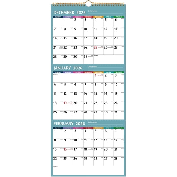 2026 Wall Calendar - 3 Month Calendar 2026 Vertical, Jan 2026 - Dec 2026, 3 Month Wall Calendar 2026, 26 In Open, 2026 Calendar with Large Print, Holidays, Thick Paper, Priorities & Notes