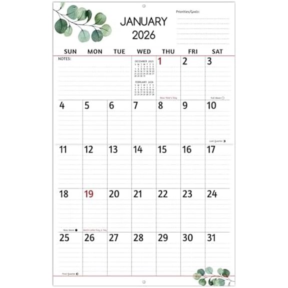 2026 Wall Calendar - Large Print Calendar 2026, 12 Monthly Calendar, Jan. 2026 - Dec. 2026, 14.6 x 22.8 In (Open), 2026 Calendar with Big Numbers, Large Grid, Notes, Moon Phases, Great for Planning
