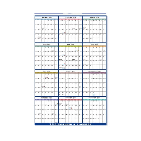 2026 Wall Hanging Calendar & 2 Ballpoint Pens, Classic Yearly Wall Planner with Color-Coded Monthly Blocks, Large Date Grids & Hanging Tab, for Home office Classroom Scheduling &