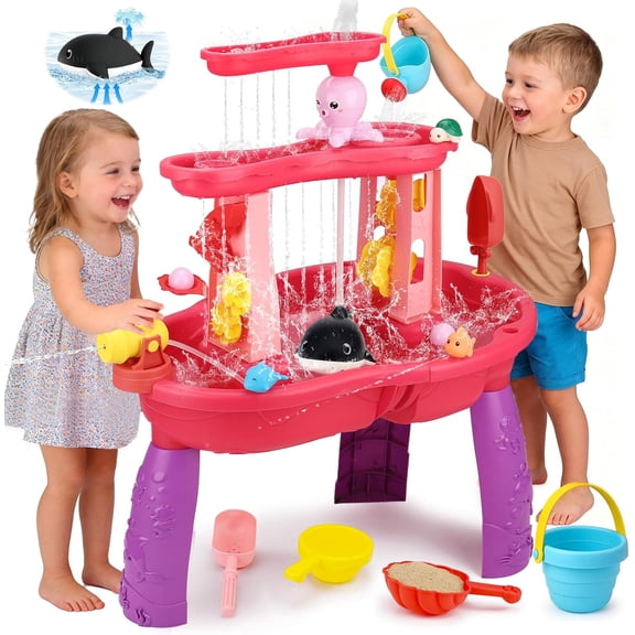 2026 Water Table for Toddlers 1-3 3-5 with Pump, 3-Tier Outdoor Sand Water Play Table Toys for Kids Ages 4-8 Outside Activity Sensory Summer Beach Pool Backyard Splash Pond Toys for Boys Girls Gifts