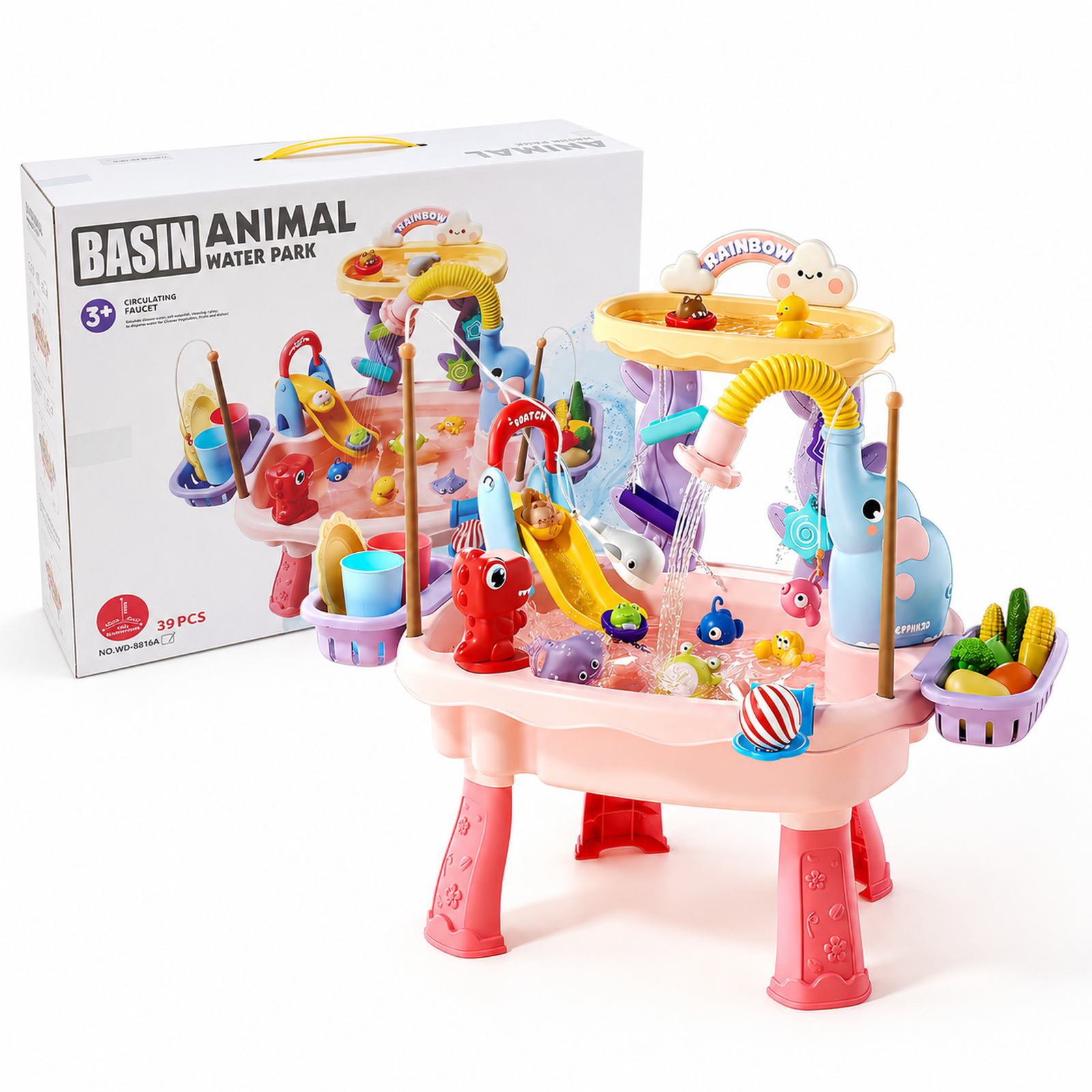 Youpehom 2026 Water Table for Toddlers 3+ with Electric Water Pump, Sand and Water Play Sink, Running Water Faucet, Fishing and Play Food Toys (Pink)