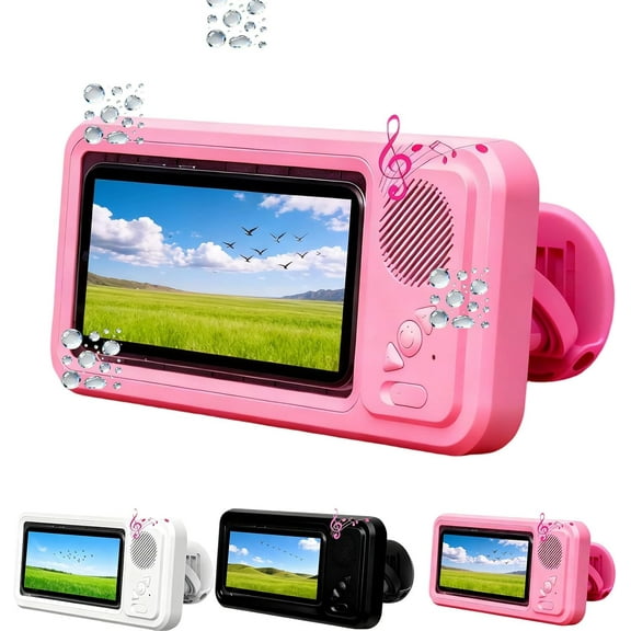 2026 Waterproof Phone Case with Built-in Speaker,360 Rotation Wall Phone Mount Stand,Screen Touch Shower Phones Case Mount Speakers with Suction Cup,Cover Mounts Stand Wireless Bluetooth (Pink)