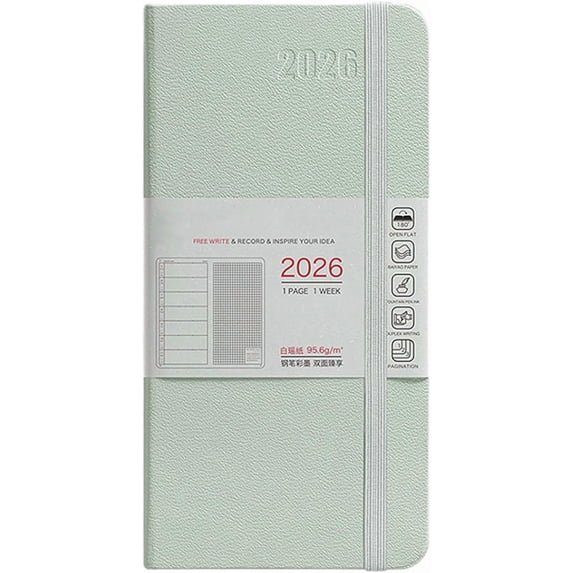 2026 Weekly and Monthly Planner, Hardcover Lay-Flat Binding, 176 Pages, Thick 100gsm Paper, Travel Size 18.7x9.4cm, Elastic Closure, Ribbon Bookmarks