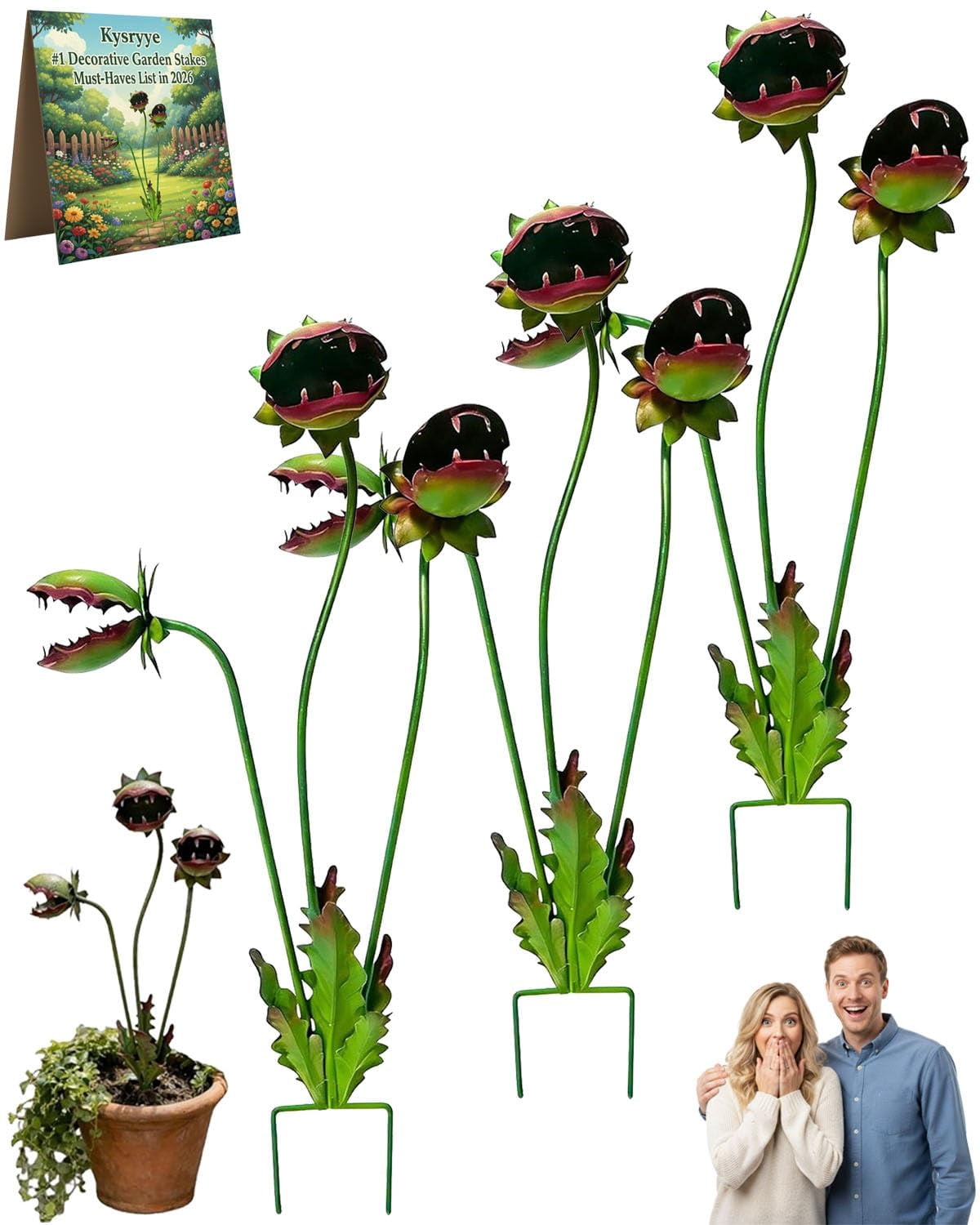 2026 Whimsical Metal Carnivorous Plant Garden Stake, Handmade 25inch Large Venus Flytrap Monster Plant Sculpture Yard Art Decor, Unique Quirky Gift for Lawn Patio Beds, Planters Decoration
