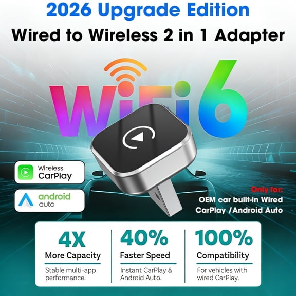 2026 Wireless Carplay & Android Auto Adapter, Plug & Play USB-C Dongle for iPhone & Android, Low Latency, Compatible with 2016+ Cars, iOS 10+/Android 11+