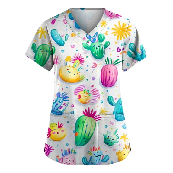 Women Cute Cartoon Print Scrub Tops Stretch V-Neck Short Sleeve Nursing Uniform with Pockets White L