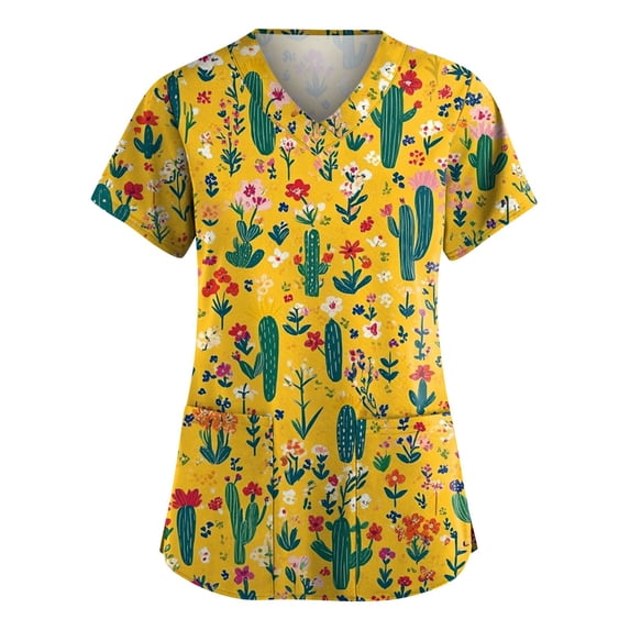 Women Cute Cartoon Print Scrub Tops Stretch V-Neck Short Sleeve Nursing Uniform with Pockets Yellow S