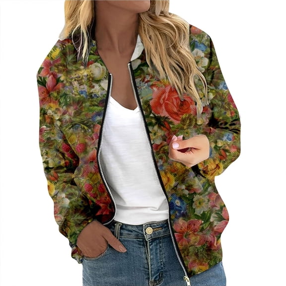 2026 Women Essentials Jacket Floral Print Long Sleeve Zipper Baseball Vintage Casual Bomber Outwears Clothes Green
