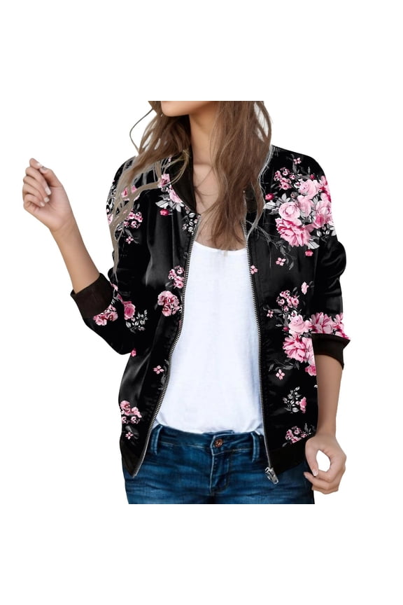 2026 Women Essentials Jacket Vintage Floral Print Zipper Baseball Casual Bomber Outerwear Jackets Black