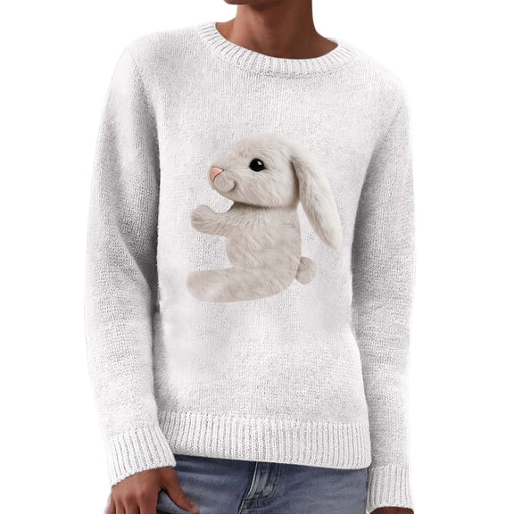 2026 Women Fashion Sweater Cute Cartoon Rabbit Long Sleeve Crew Neck Knit Fall Knitwear White