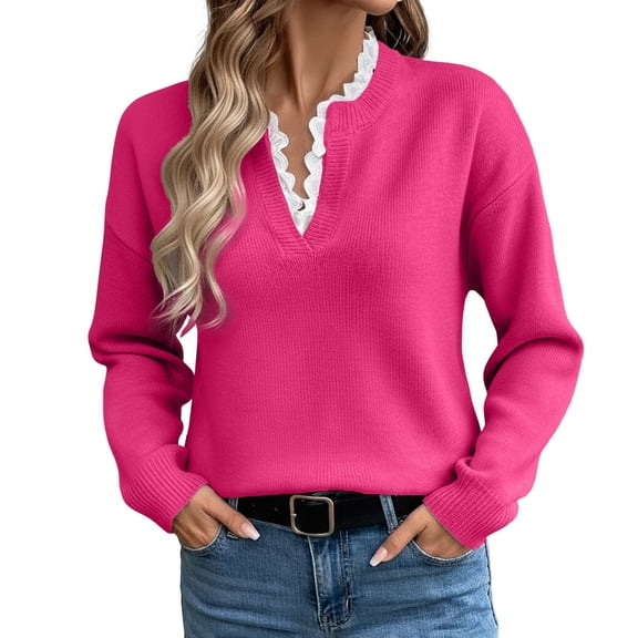 2026 Women Fashion Sweater Elegant Lace Trim V Neck Knitted Long Sleeve Cropped Fall Sweaters Hot Pink