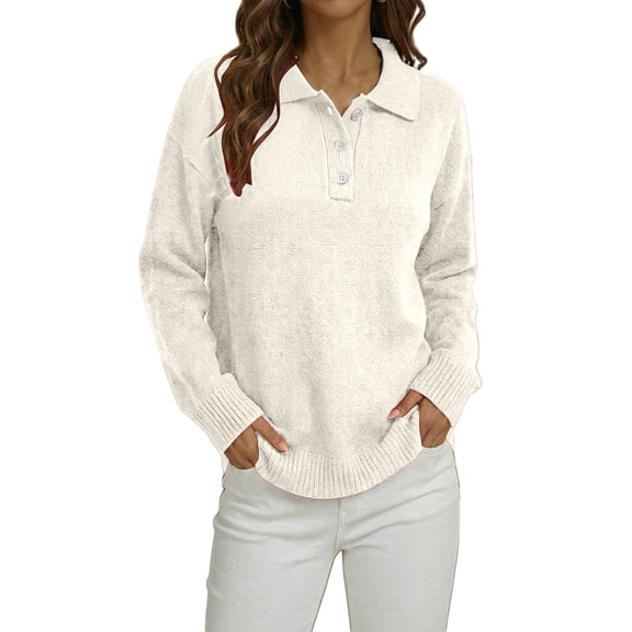 2026 Women Fashion Sweater Half Button Lapel Knit Long Sleeve Solid Winter Sweaters White