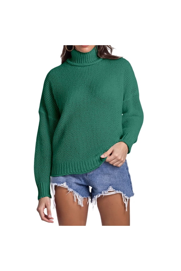 2026 Women Fashion Sweater Ribbed Ribbed Knitted Long Sleeve Turtleneck Thermal Pullover Tops Dark Green