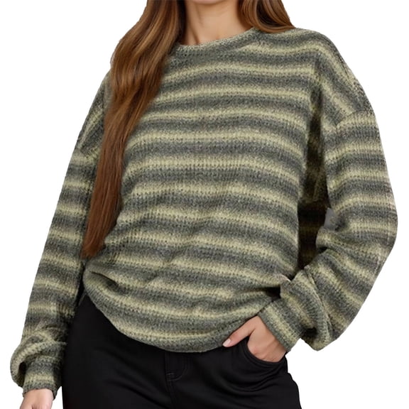 2026 Women Fashion Sweater Stripe Color Block Knitted Long Sleeve Shirts Crewneck Pullover Tops Green