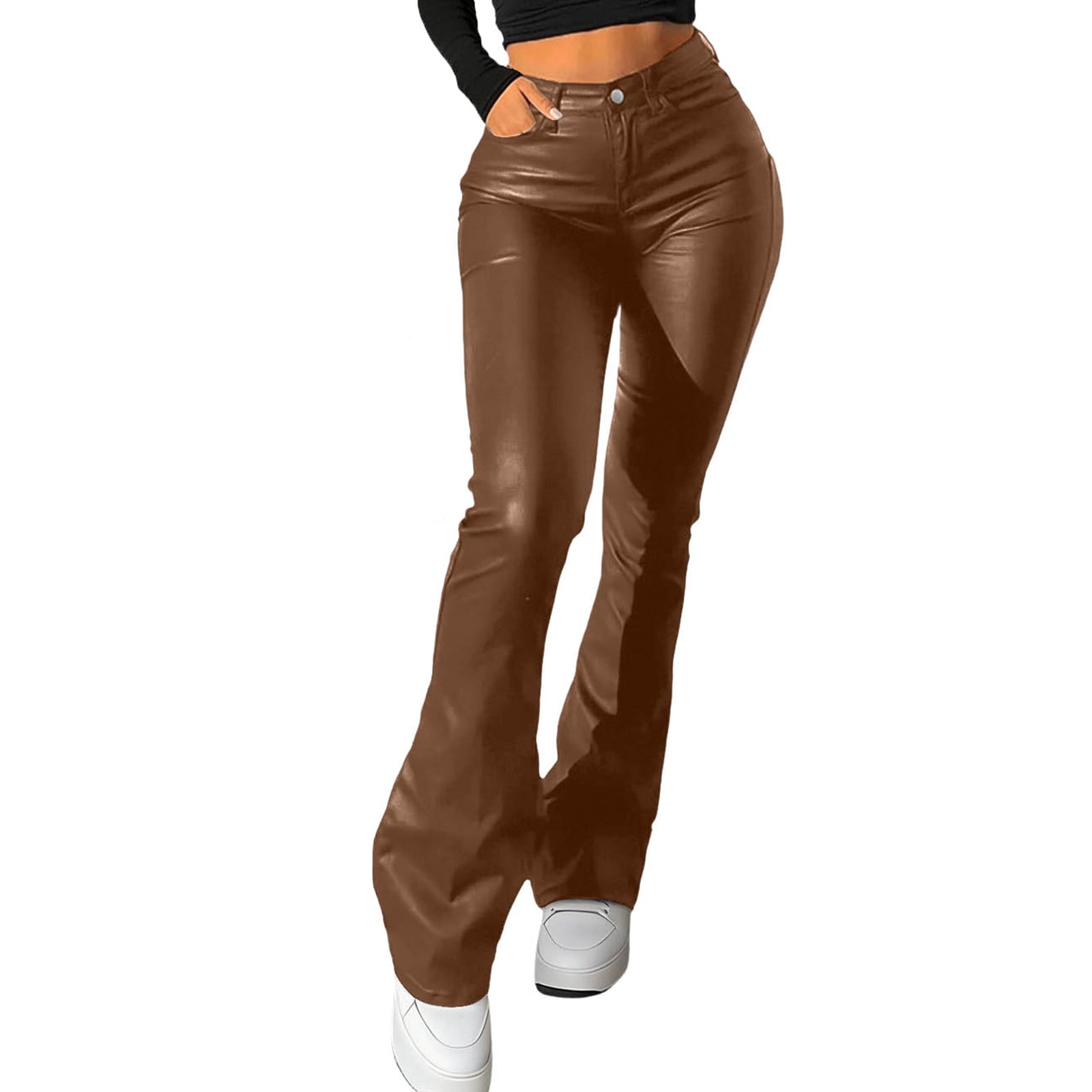 2026 Women Faux Leather Pants PU High Waist Straight Leg Pant with Pockets Fashion Flare Pants Trendy Streetwear