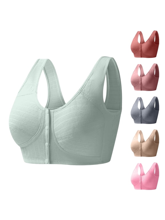 2026 Women Front Closure Bras Wireless Snap Closing Bra No Underwire Older Senior Bras Gray 46