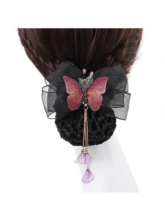 2026 Women Hair Snood Net Barrette Elegant Butterfly Spring Clips detachable Mesh Hairnet Bun Cover Net Hair Accessories for Stewardess Banks Hotels Restaurant Staff