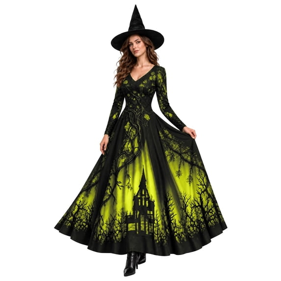 2026 Women Halloween Witch Printed Maxi Dress V Neck Long Sleeve Gothic Flowy Long Dress for Halloween Themed Party