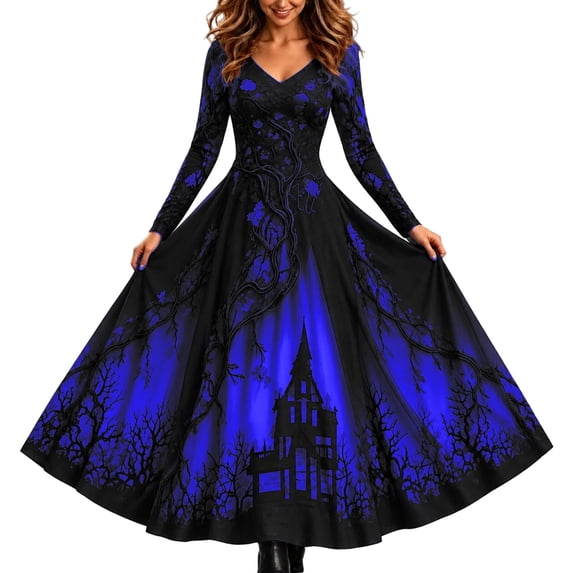 2026 Women Halloween Witch Printed Maxi Dress V Neck Long Sleeve Gothic Flowy Long Dress for Halloween Themed Party