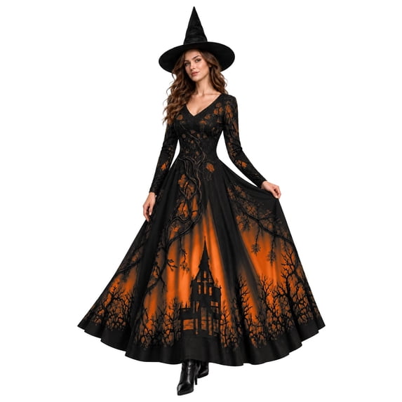 Resource Protection 2026 Women Halloween Witch Printed Maxi Dress V Neck Long Sleeve Gothic ...