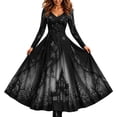 thumbnail image 1 of 2026 Women Halloween Witch Printed Maxi Dress V Neck Long Sleeve Gothic Flowy Long Dress for Halloween Themed Party, 1 of 6