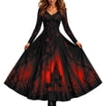 thumbnail image 1 of 2026 Women Halloween Witch Printed Maxi Dress V Neck Long Sleeve Gothic Flowy Long Dress for Halloween Themed Party, 1 of 6