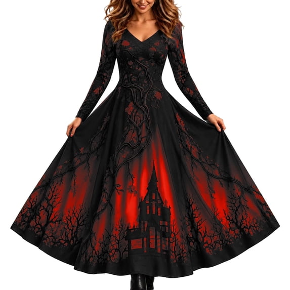 2026 Women Halloween Witch Printed Maxi Dress V Neck Long Sleeve Gothic Flowy Long Dress for Halloween Themed Party