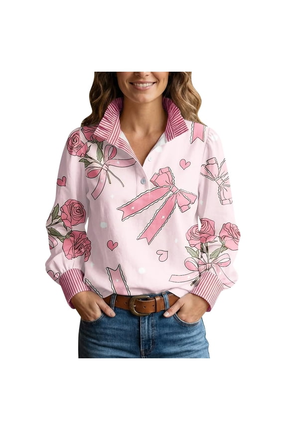 2026 Women Heart Print Shirts Long Sleeve Lapel Half Button Work Commute Pullover Tops Valentine's Day