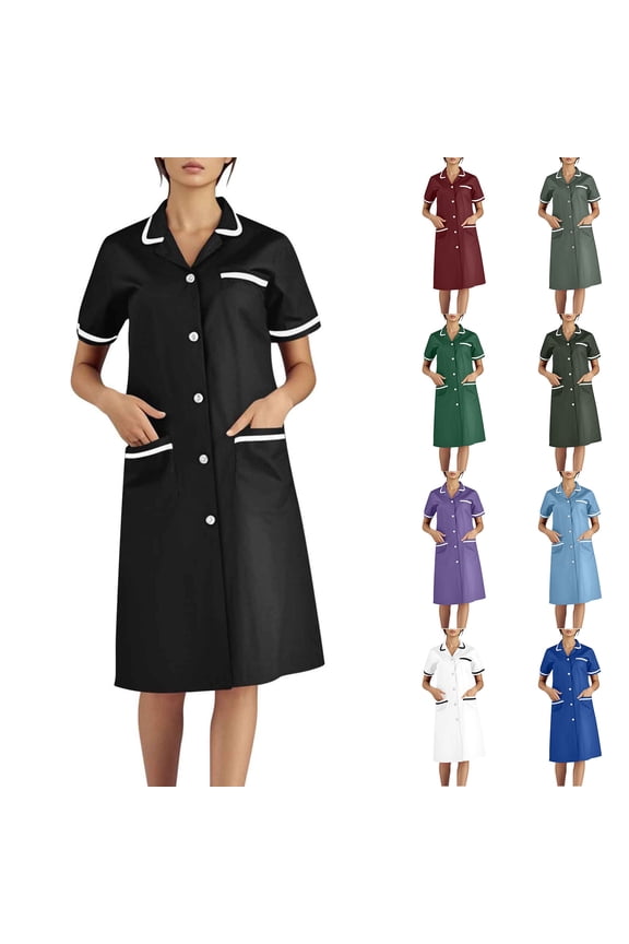 2026 Women Housekeeping Maid Uniform Dress Button Down Scrub Dresses Short Sleeve Loose Dresses with Pockets Women's V-Neck Medical Uniforms with Front Buttons Army Green XXL