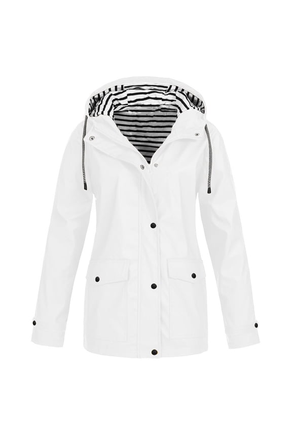 2026 Women Lightweight Hooded Raincoat Waterproof Zip Windbreaker Plus Size Relaxed Fit Casual Outdoor Rain Outerwear White M