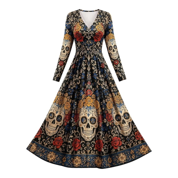 2026 Women Long Sleeve V Neck Halloween Midi Dress, Vintage Skull Botanical Print Flared Swing Dress for Photo