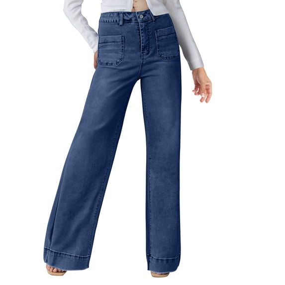 2026 Women Patch Pocket Jeans High Waist Bootcut Denim Pants Soft Slim Jeans Trousers Straight Leg Vintage Denim Jeans Distressed Smooth Jean Skinny Stylish Ladies Long Pants