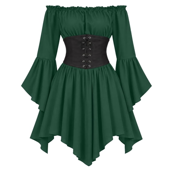 2026 Women Renaissance Dress, Pirate Style High Waist Dress with Corset Belt Irregular Hem for Halloween Holiday Party Stage Show