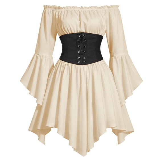 2026 Women Renaissance Dress, Pirate Style High Waist Dress with Corset Belt Irregular Hem for Halloween Holiday Party Stage Show