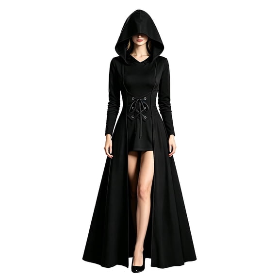 2026 Women Renaissance Hooded Maxi Dress, Steam Punk Lace Up Front Long Dress, Vintage Gothic Holiday Party Gown