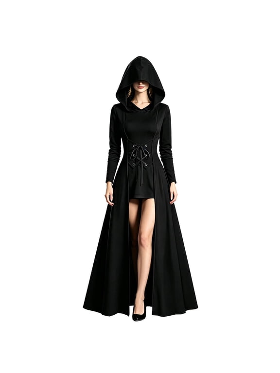 2026 Women Renaissance Hooded Maxi Dress, Steam Punk Lace Up Front Long Dress, Vintage Gothic Holiday Party Gown