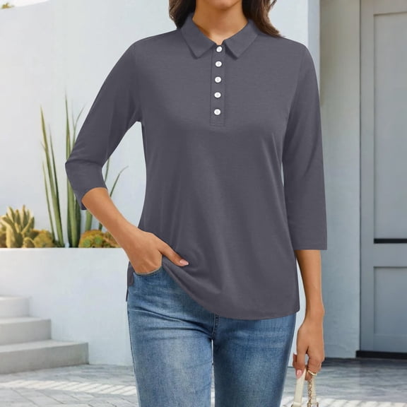 2026 Women'S 3/4 Sleeve V Neck Lapel Button Up Loose Fit Solid Color Casual Blouses,Gray Xl