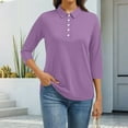 thumbnail image 1 of 2026 Women'S 3/4 Sleeve V Neck Lapel Button Up Loose Fit Solid Color Casual Blouses,Light Purple M, 1 of 5