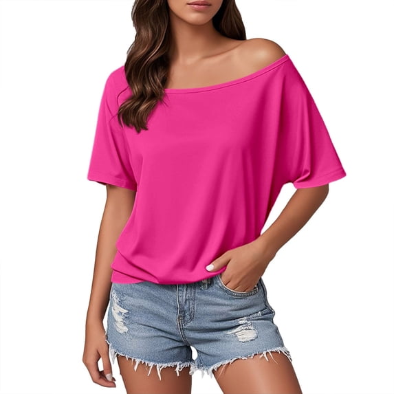 2026 Women T-Shirts Off Shoulder Solid Basic Casual Slim Athletic Blouse Hot Pink XL