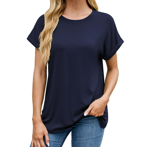2026 Women T-Shirts Oversized Business Casual Loose Rolled Short Sleeve T Summer Fashion Clothes Navy S